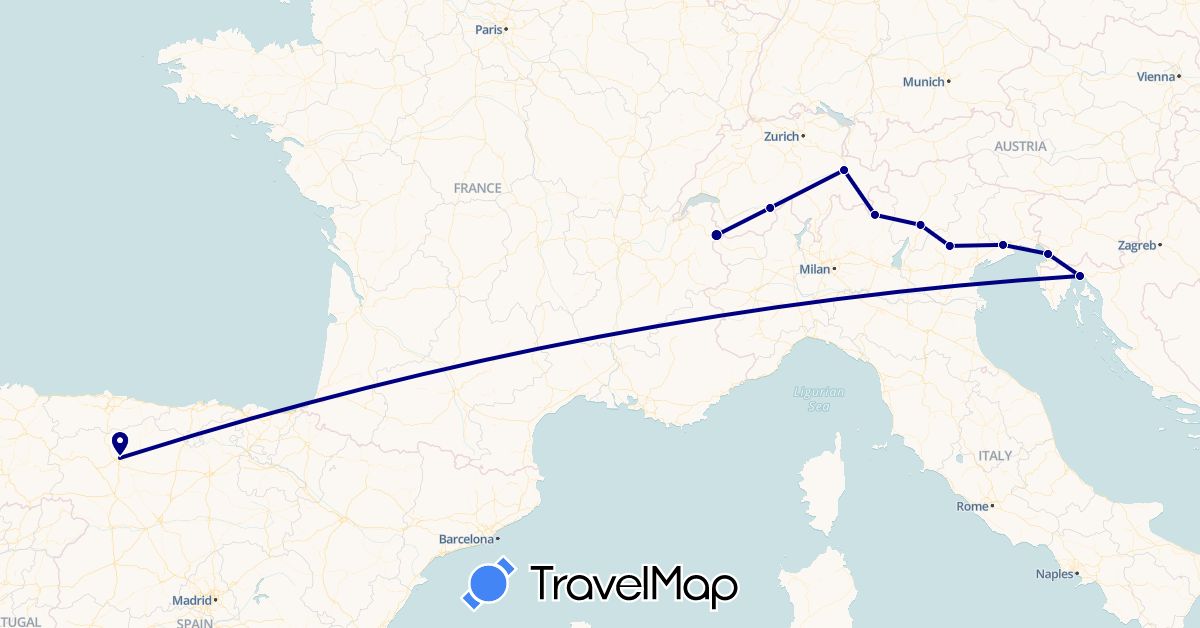 TravelMap itinerary: driving in Switzerland, Spain, France, Croatia, Italy (Europe)